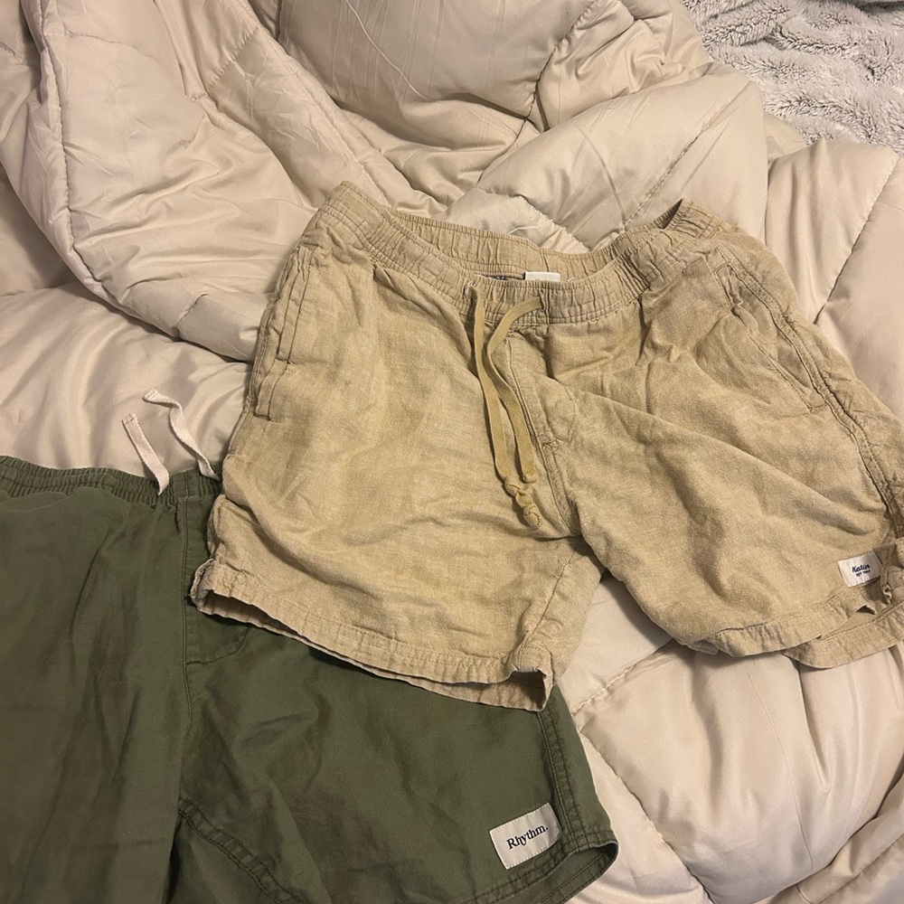 Beige and Green Casual Shorts Set